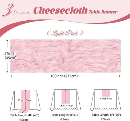 3 Pack Light Pink Cheesecloth Table Runner, 17 x 108 inch, Semi Sheer Boho - Image 3