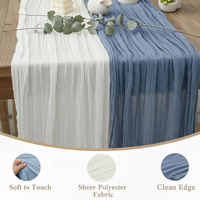 Cheesecloth Table Runner 2 Pack White and Dusty Blue, Boho Gauze Table Runner - Image 6