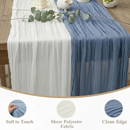 Cheesecloth Table Runner 2 Pack White and Dusty Blue, Boho Gauze Table Runner - Image 6
