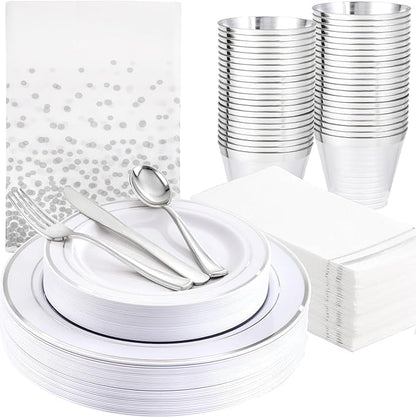 GATHER 176 Pieces Silver Plates - Disposable Silver Plastic Plates Includes 50 Plates, 75 Silverware, 25 Napkins, 25 Silver Rimmed Cups and 1 Tablecloth Perfect for Party & Weding
