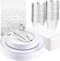 GATHER 176 Pieces Silver Plates - Disposable Silver Plastic Plates Includes 50 Plates, 75 Silverware, 25 Napkins, 25 Silver Rimmed Cups and 1 Tablecloth Perfect for Party & Weding