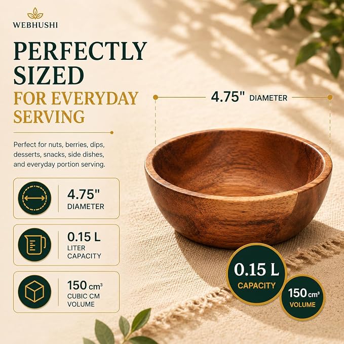 Acacia Wood Bowl Set of 4, 4.75-Inch Medium Serving Bowls, 150 Cubic cm Volume - Image 4