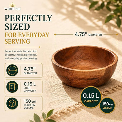 Acacia Wood Bowl Set of 4, 4.75-Inch Medium Serving Bowls, 150 Cubic cm Volume - Image 4