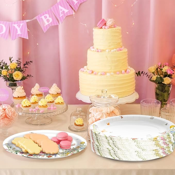 Floral Oval Paper Plates 10’’x 12’’, Large Disposable Heavy Duty Oval Paper Plates Dinner Size for Birthday Wedding Bridal Baby Shower Tea Party Supplies, 50 Guests