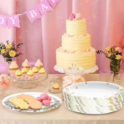 Floral Oval Paper Plates 10’’x 12’’, Large Disposable Heavy Duty Oval Paper Plates Dinner Size for Birthday Wedding Bridal Baby Shower Tea Party Supplies, 50 Guests
