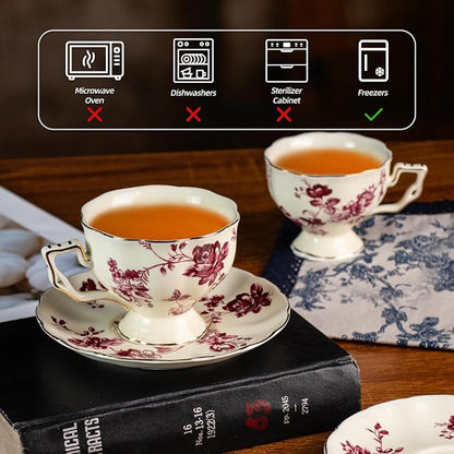 KAMMAK Tea Cups and Saucers Set of 2, 7 oz Porcelain Coffee Cups, 562N | - Image 3
