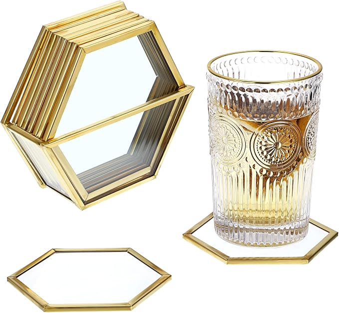JUXYES Set of 7 Gold Brass Clear Glass Round Coaster by JUXYES