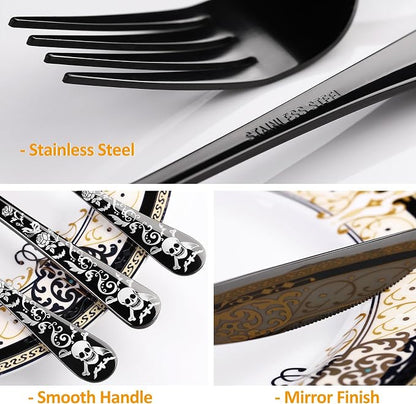 Skull Black Silverware Set for 8, 40-Piece Pirate Rose Flatware Set, Gothic - Image 3