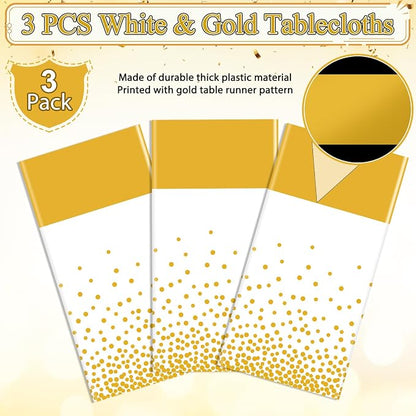 3Pcs White and Gold Tablecloth Party Decorations, Plastic White Table Cloth - Image 4