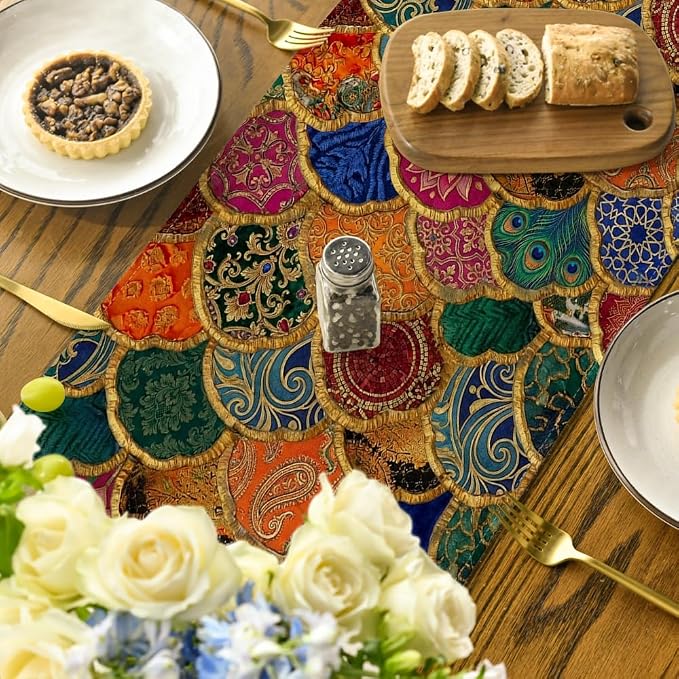 Artoid Mode Wave Shape Peacock Feather Lotus Paisley Table Runner, Seasonal - Image 4