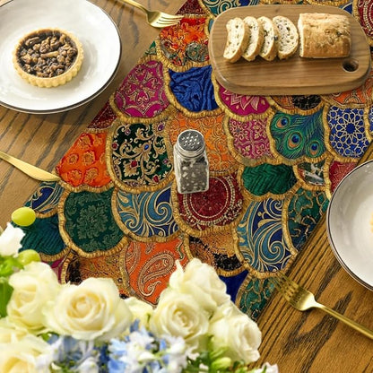 Artoid Mode Wave Shape Peacock Feather Lotus Paisley Table Runner, Seasonal - Image 4
