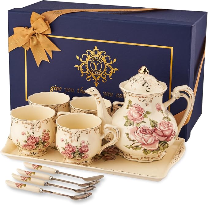 YOLIFE Porcelain Tea Set, Ivory Vintage Pink Rose Teaset | 4 Teacups, 1 Teapot by YOLIFE