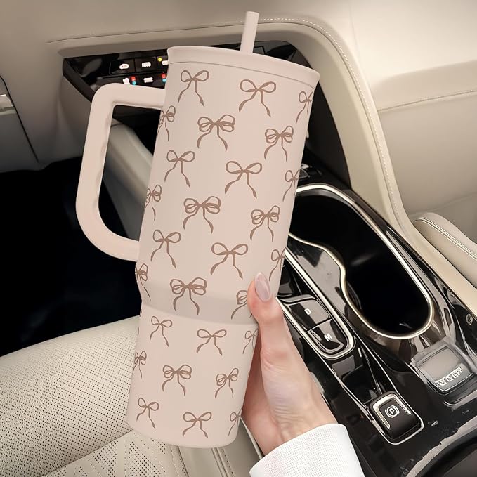 SANDJEST Bow Tumbler with Handle and Straw 40oz – Stainless Sleel Slider - Image 7