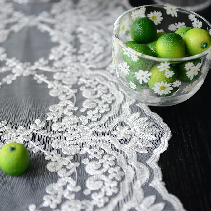 SUTAVIA Lace Patio Table Runner 12"×108" White Embroidered Dresser Scarf | - Image 4