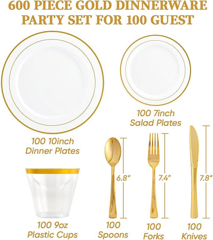 FOCUSLINE 600 Ct Gold Dinnerware Set for 100 Guests - Gold Rimmed Disposable Plastic Plates, Includes 100 Dinner & Salad Plates, Cups, Cutlery Set for Wedding Parties