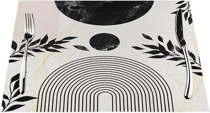 Boho Mid Century Leaf Placemats,Arch Sun Design,Minimalistic Leaves Pattern Luxurious Washable Place Mats 12x18Inch for Dining Kitchen Farmhouse Decor 4 PCS