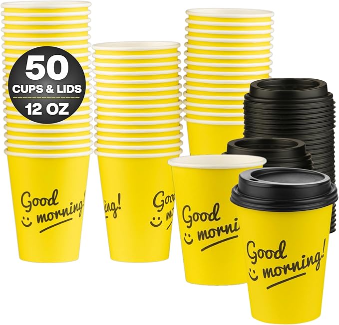 Disposable Coffee Cups with Lids, To Go Paper Hot Cups, Good Morning Design by SMYGOODS