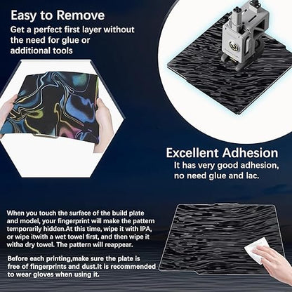 JUUPINE 257x257mm Water Ripples+Silk Textured Build Plate for Bambu Lab A1/X1/X1C/X1E/P1P/P1S/P2S/A1, Smooth Flexible Spring Steel Plate Effect Sheet for Bambu Lab 3D Printers.