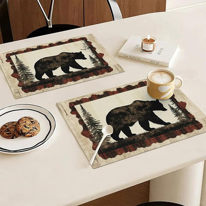 Bear Placemats Set of 6, Farmhouse Cabin Place Mats, Country Rustic Wild Animal Waterproof Washable Table Mats for Home Party Indoor Kitchen Dining Table Decoration 12x18 Inch