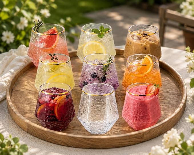 40 Pack Disposable Plastic Wine Glasses 12oz Diamond Gold Rim Stemless | - Image 3