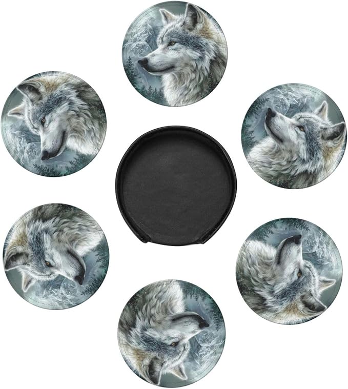 6 Pack Wolf Moutain Leather Coasters - Image 2