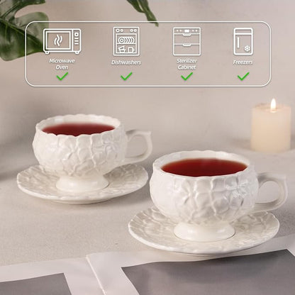 KAMMAK Tea Cups and Saucers Set of 2, 8.5 oz Porcelain Coffee Cups, 560N | - Image 3