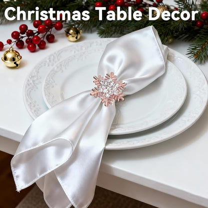 ZeeDix Christmas Snowflake Napkin Rings Set of 6- Rose Gold Rustic Dinner Tables Setting Decoration for Wedding Receptions, Christmas Holiday Party Dinner Parties