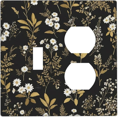 Light Switch Cover Plate Black/Gold Boho Botanical Floral Rustic Flowers 2 Gang Decorative Switch Plates 1 Toggle Duplex Combo Outlet Covers GFCI Wall Plates for Bathroom Kitchen Decor