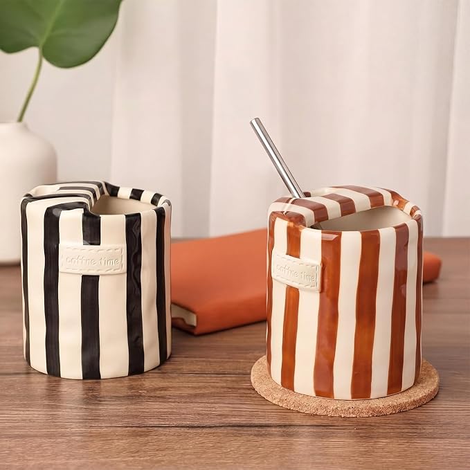 2 Pack Ceramic Coffee Mug with Sip Hole Espresso Cup 10oz with Straws Retro - Image 5
