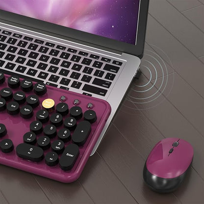 Colorful Wireless Computer Keyboard and Mouse Combo with Round Typewriter Keycaps, Retro Design, Power Switch, Ergonomic Design, 2.4GHz Wireless for Windows, Mac, PC（Black-Claret）
