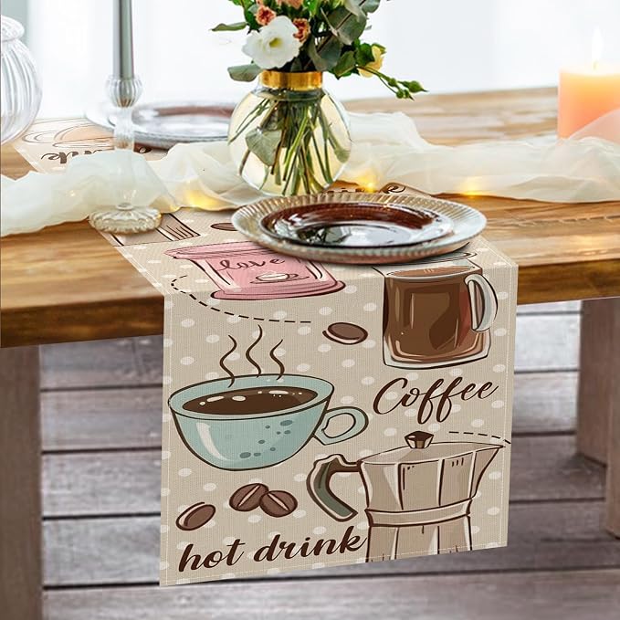 Vintage Coffee Bar Utensil Dining Table Runner, Retro Coffee Bean Hot | Drink - Image 6