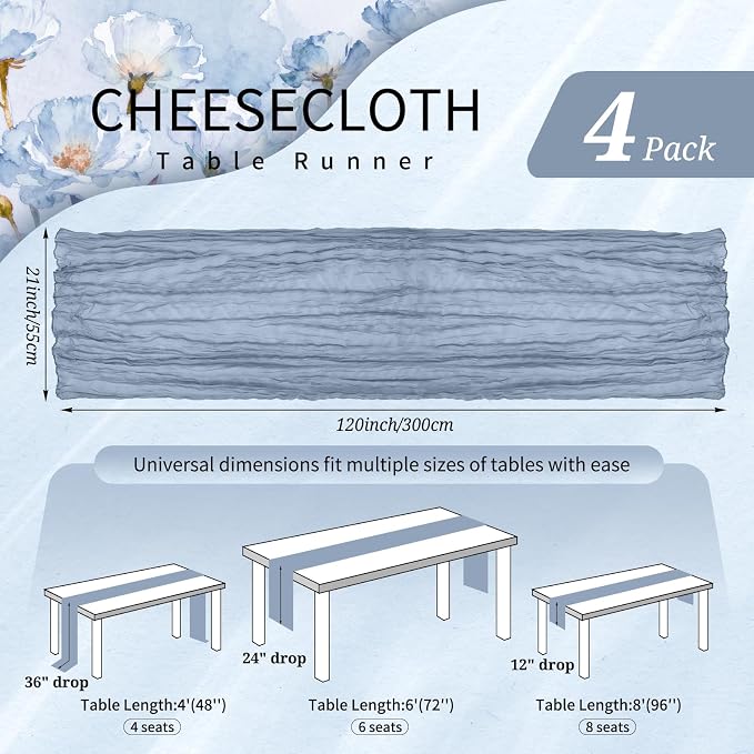 4 Pack Cheesecloth Table Runner 10FT Dusty Blue Table Runner Boho Gauze Cheese - Image 2
