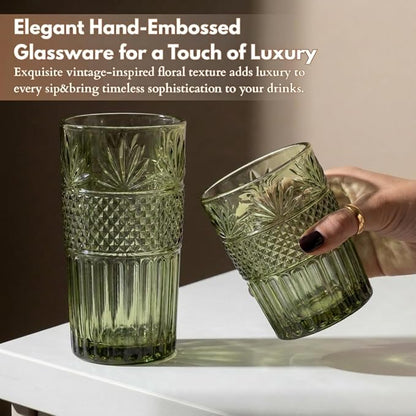 Green Drinking Glasses Set of 12, 12 Oz Highball & 10 Oz Cocktail Glasses - Image 3