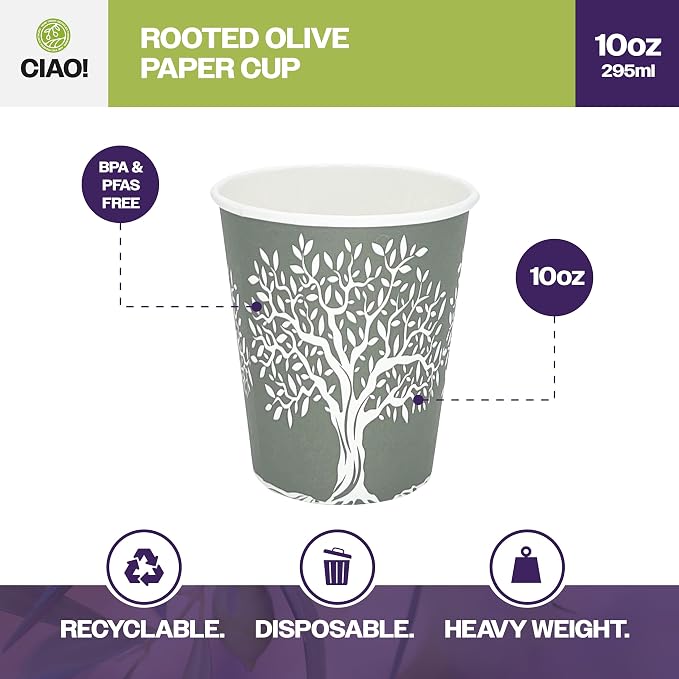 CIAO! 10oz Paper Hot Cup, Rooted Olive Print - Image 2
