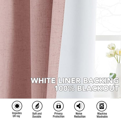 H.VERSAILTEX Linen Curtains 100% Blackout Curtains for Bedroom 54 inch Long Full Light Blocking Nature Linen Blended Window Curtains for Living Room Nickel Grommet (2 Panels, Heathered Baby Pink)