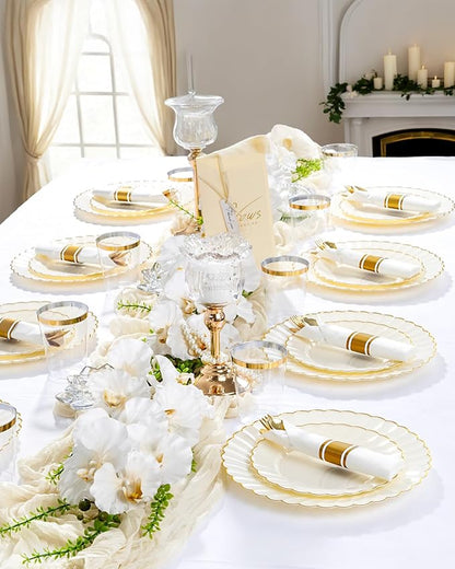 YOUBET 350PCS Ivory Scalloped Plastic Plates - Ivory and Gold Disposable Dinnerware Set Include 100 Plates, 150 Gold Silverware, 50 Cups, 50 Napkins for Wedding & Party