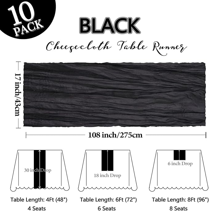 10 Pack 17 x 108 Inch Black Table Runner Cheesecloth | Gauze Cheese Cloth - Image 2