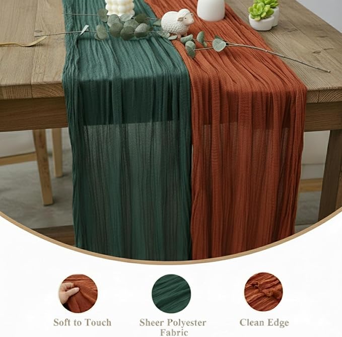 Cheesecloth Table Runner 2 Pack Terracotta and Dark Green, Boho Gauze Table - Image 4