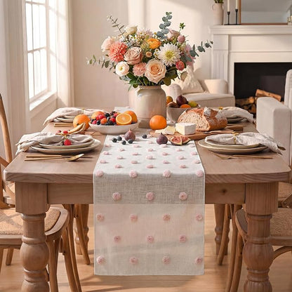 Artoid Mode Pink Pom Pom Tulle Table Runner, Seasonal Washable Kitchen Dining - Image 2