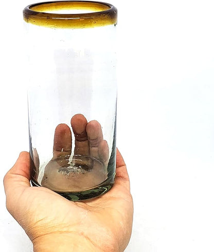 Amber Rim 20 oz Tall Iced Tea Glasses (set of 6) Mexican Handmade Glassware, Recycled Glass, Lead-free, Toxin-Free (Tall Iced Tea)