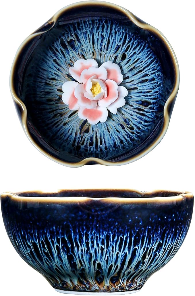 Tenmokus Tea Cup with Peony Flower, 3 oz Chinese Small Teacup | Petal Shaped by HOHCNA