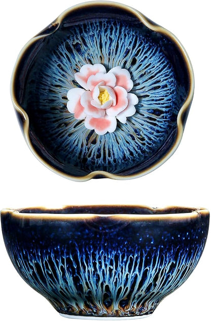 Tenmokus Tea Cup with Peony Flower, 3 oz Chinese Small Teacup | Petal Shaped by HOHCNA