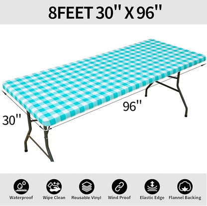 Smiry Rectangle Picnic Table Cloth, Elastic Waterproof Fitted Vinyl Tablecloths, Flannel Backed Buffalo Plaid Table Covers for Dining, Camping, Outdoor (White and Teal, 30" x 96")
