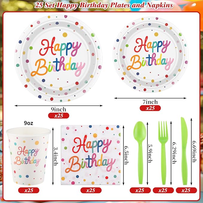 NatNarr 175-Piece Happy Birthday Party Tableware Set, Serves 25 | Plates - Image 2