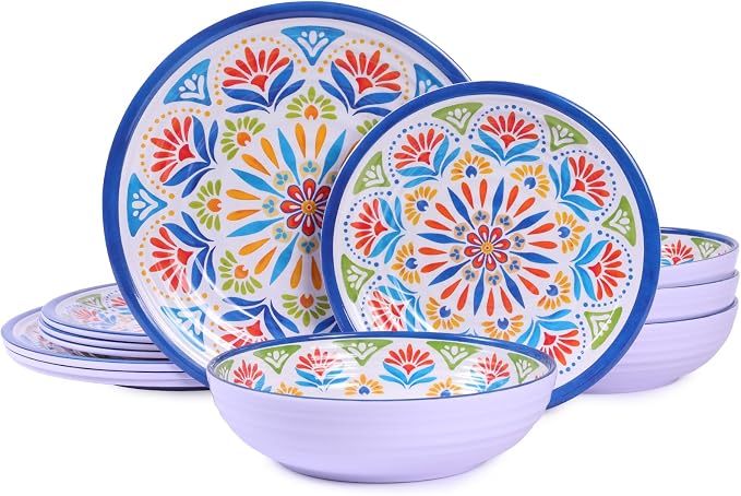 Dinnerware Set 12Pcs Melamine Plates and Bowls | Wedding Gift, Floral Pattern by DoDoware