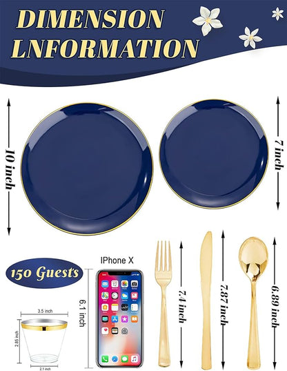 WDF 150pcs Blue plastic Plates - Navy Blue Plates Disposable - 25guest Disposable Dinnerware Sets for Hanukkah/Party/Wedding/Birthday