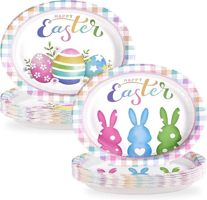 50 Pcs Easter Oval Paper Plates 10" x 12" Large Easter Bunny Egg Plates Heavy Duty Disposable Rabbit Dinner Plate Colorful Plaid Platters for Spring Holiday Baby Shower Birthday Party Supplies Decor