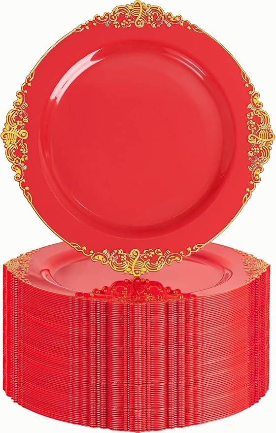 Nervure 100Pcs 7.5'' Red Plastic Plates, Disposable Plates by Nervure