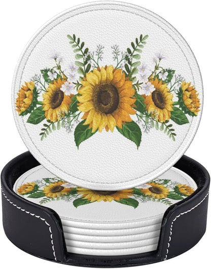 6 Pcs Sunflower Floral Leather Coasters - Image 2