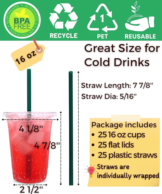 16 oz Clear Plastic Cups with Lids and Straws, Disposable Coffee Cups 25 Sets - Image 2
